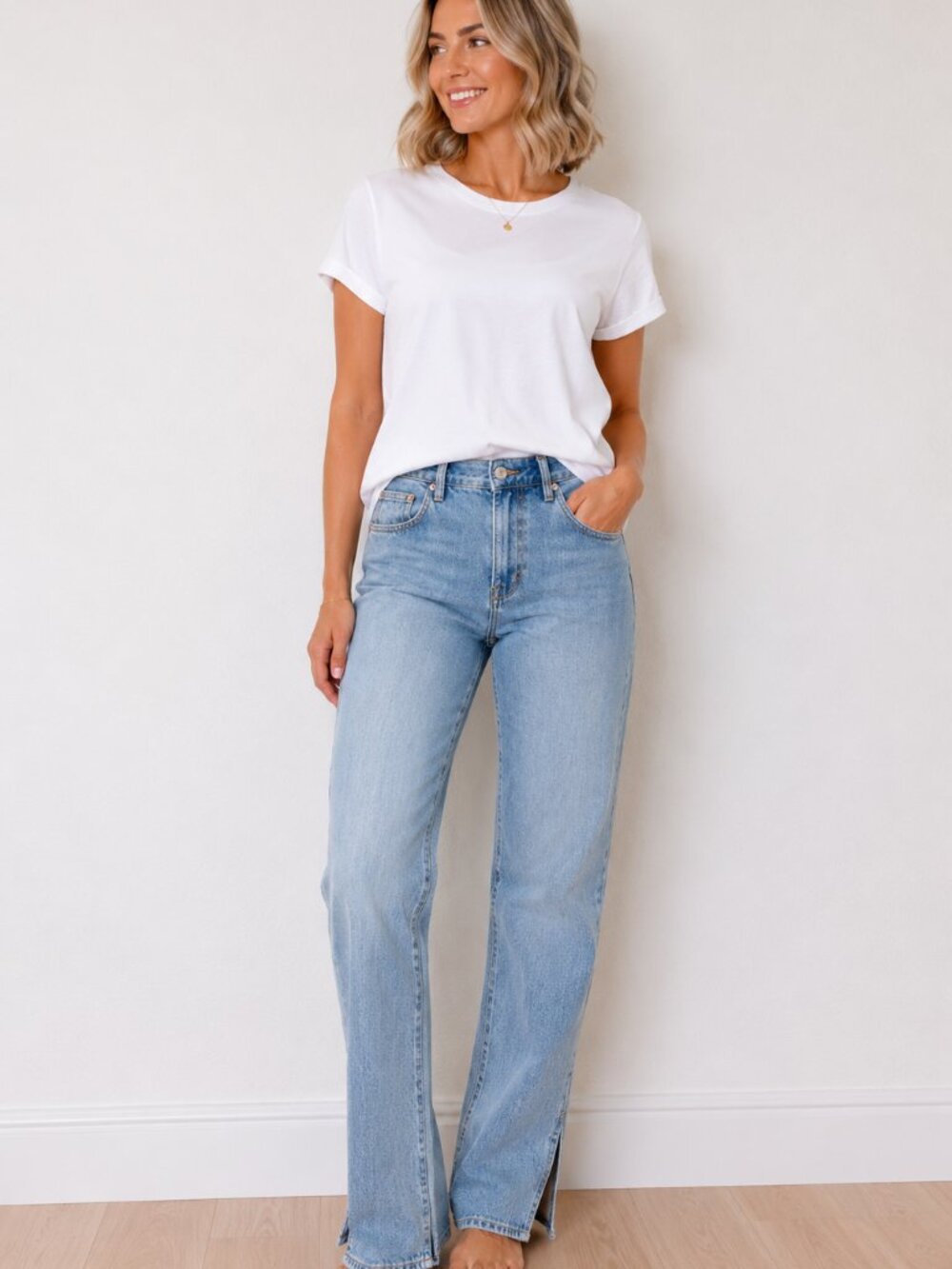 Good American Light Blue Straight Leg Jeans with Hem Slits - Cotton
